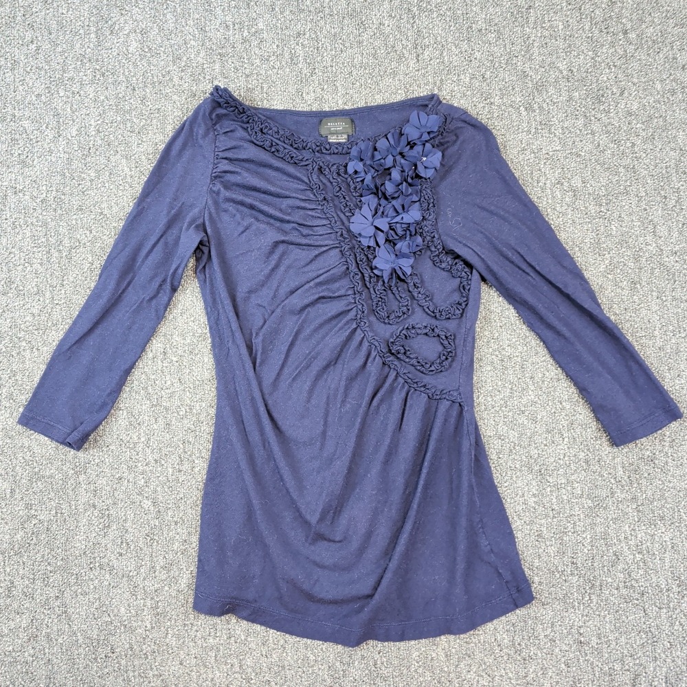 Deletta Anthropologie XS Navy Blue 3D Floral Asymmetrical Ruched Pima Cotton Top